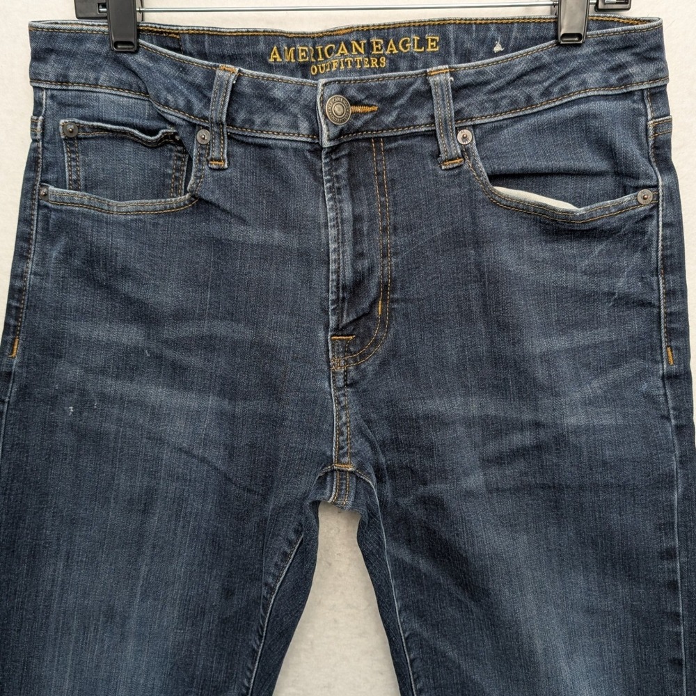 American Eagle Original Boot Jeans Mens 33x32 Dark Wash Blue Whiskered Stretch - Picture 2 of 16